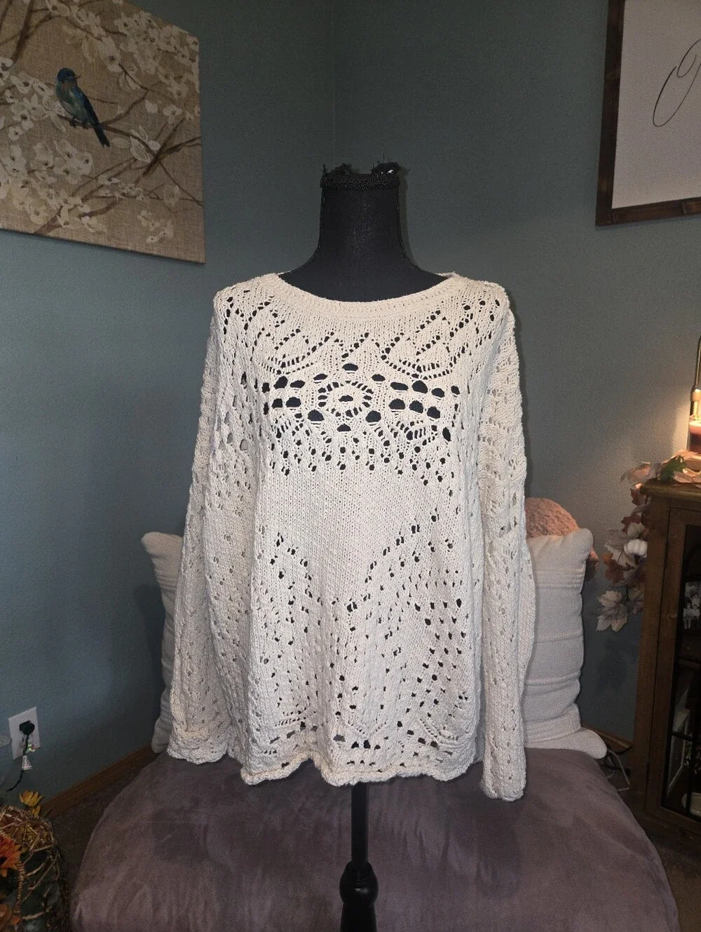 Free People Cream Open Knit Crochet Pullover